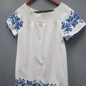 Golden Line Girls Dress Size S/M White With Blue Embroidery 100% Cotton Dress